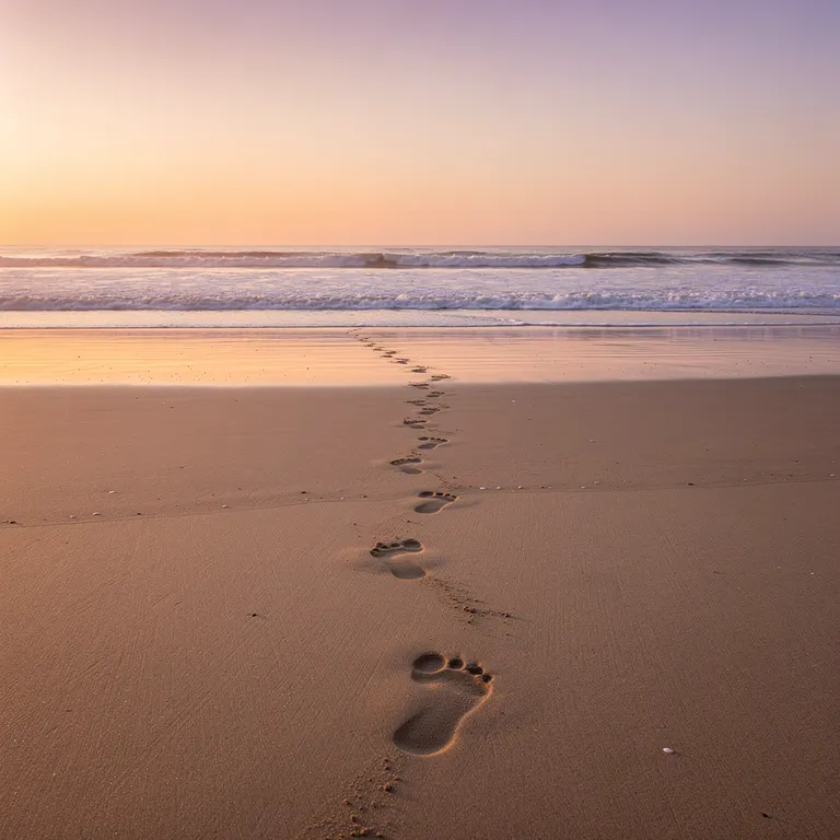 An empty beach at sunset with footprints in the sand