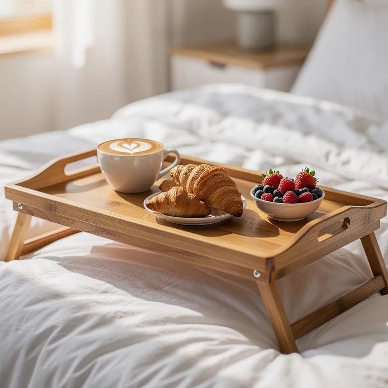 Breakfast in bed with coffee, croissants and berries