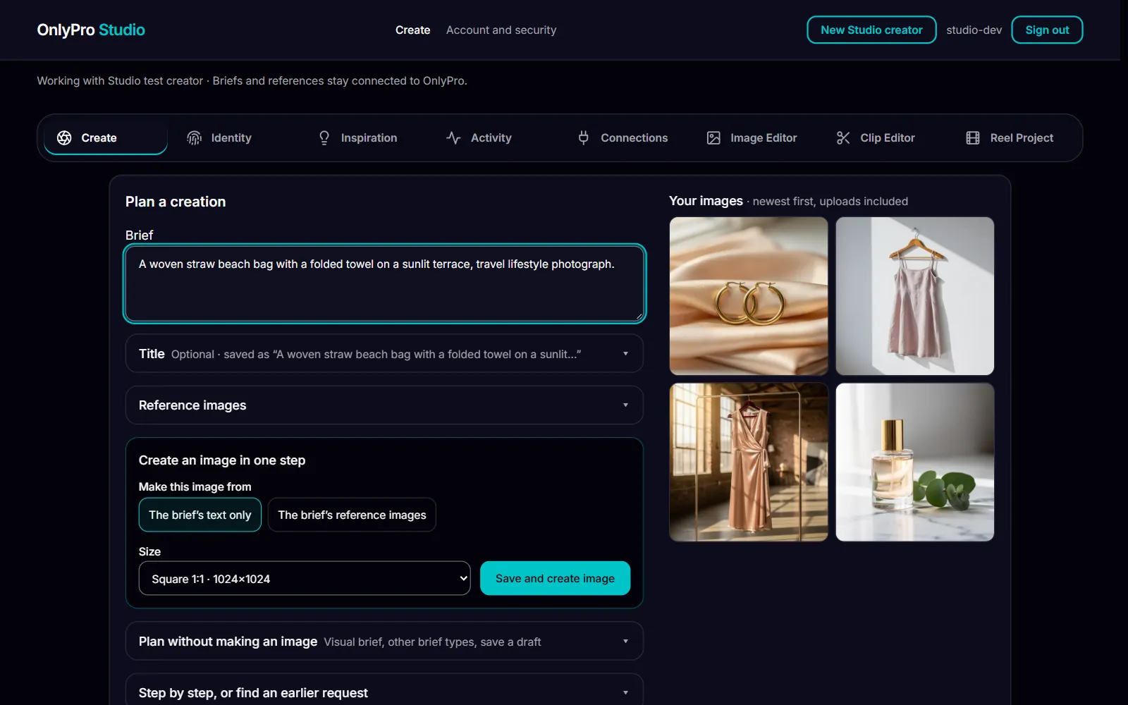 OnlyPro Studio create screen: a written brief, the size and Save and create image
