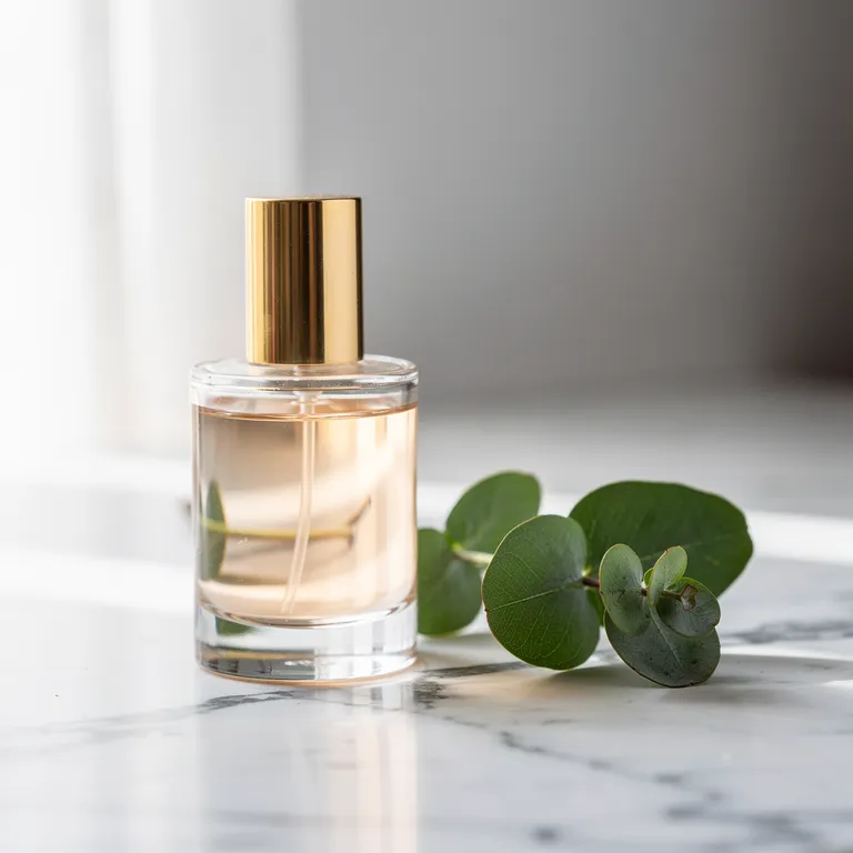 A glass perfume bottle on marble with eucalyptus, in soft window light