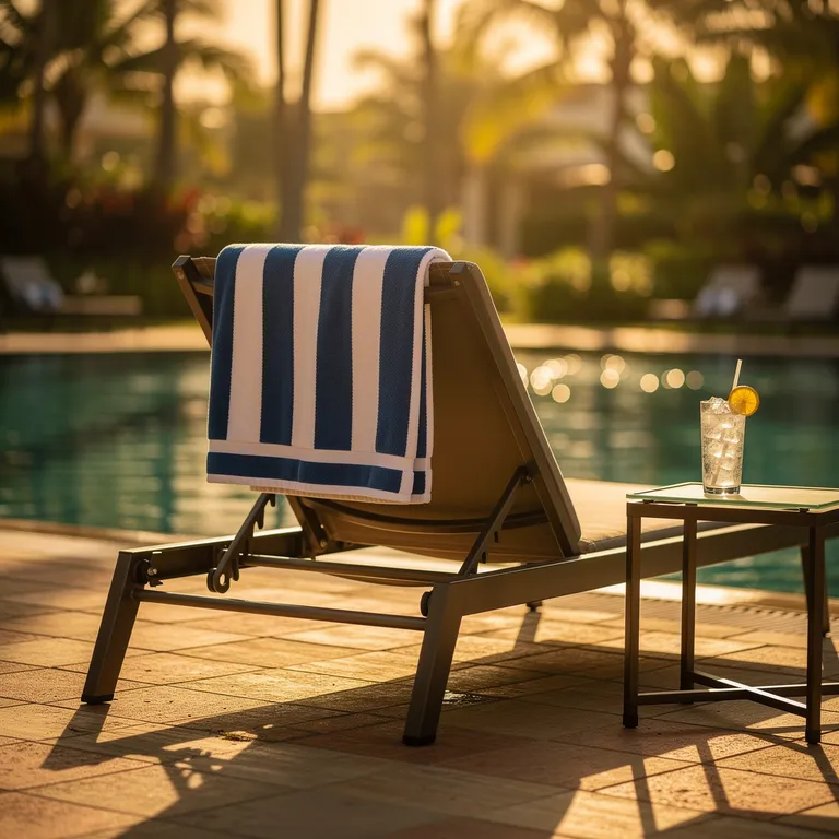 A poolside lounger with a striped towel at golden hour